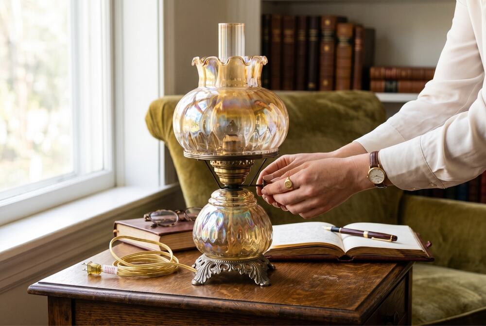 Antique VTG amber glass mid-century modern regency hurricane table lamp brass